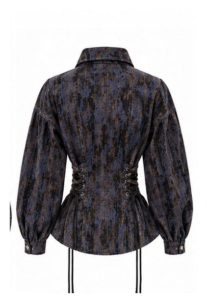 Women’s Printed Corset-Waist Shirt with Lace-Up Detail