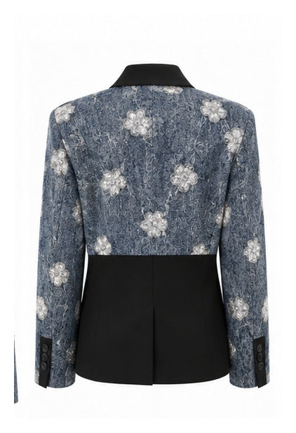 Denim & Black Tailored Blazer with Sequin Floral Embellishments