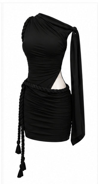 Women’s Black One-Shoulder Ruched Mini Dress with Cut-Out
