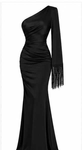 Women’s Black One-Shoulder Maxi Dress with Fringe Sleeve