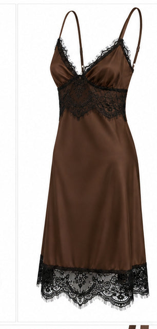 Women’s Chocolate Brown Satin Mini Dress with Black Lace
