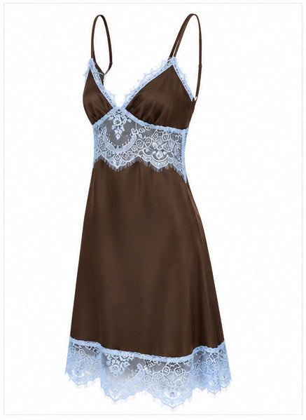 Women’s Chocolate Brown Satin Mini Dress with Blue Lace