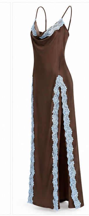 Women’s Chocolate Brown Satin Maxi Dress with Blue Lace