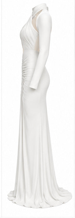 White Ruched Cut-Out Long Sleeve Maxi Dress