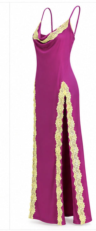 Women’s Fuchsia Satin Maxi Dress with Yellow Lace