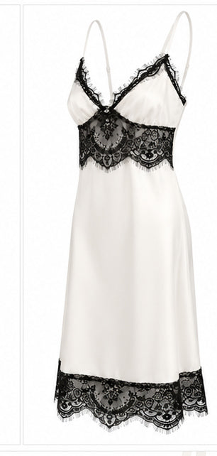 Women’s Ivory Satin Mini Dress with Black Lace