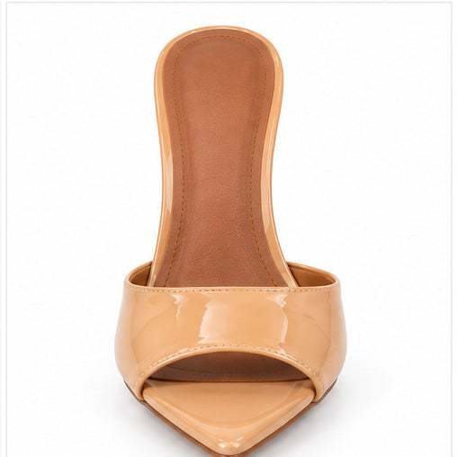 Women’s Nude Patent High-Heel Mules with Pointed Peep Toe