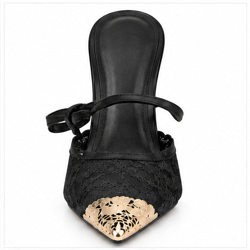 Women’s Black Lace High-Heel Mules with Bow & Gold Toe
