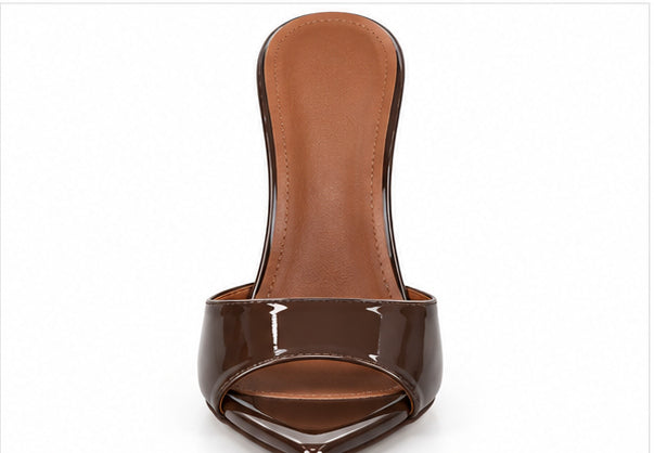 Women’s Chocolate Brown Patent High-Heel Mules with Peep Toe