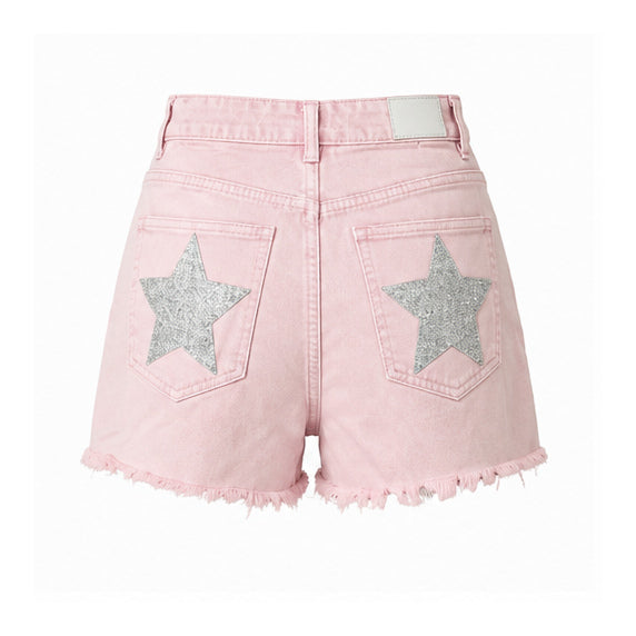 Pink Denim Shorts with Rhinestone Star Detail
