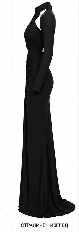 Black Ruched Cut-Out Long Sleeve Maxi Dress