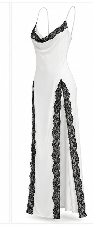 Women’s White Satin Maxi Dress with Black Lace