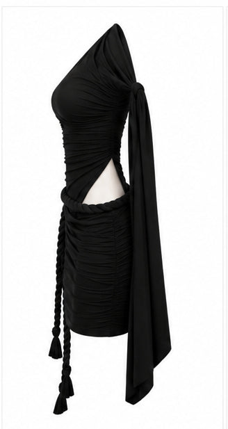Women’s Black One-Shoulder Ruched Mini Dress with Cut-Out