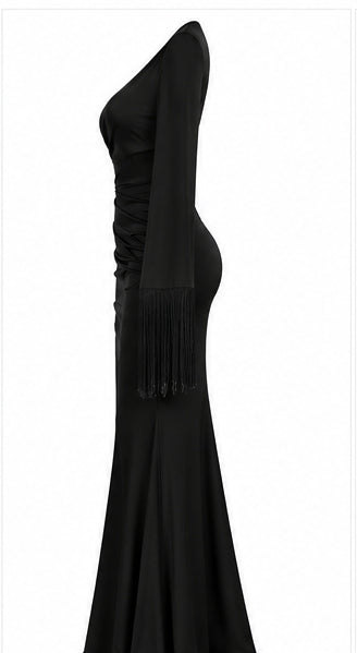 Women’s Black One-Shoulder Maxi Dress with Fringe Sleeve
