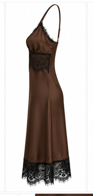 Women’s Chocolate Brown Satin Mini Dress with Black Lace