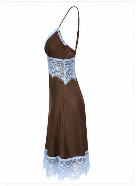 Women’s Chocolate Brown Satin Mini Dress with Blue Lace