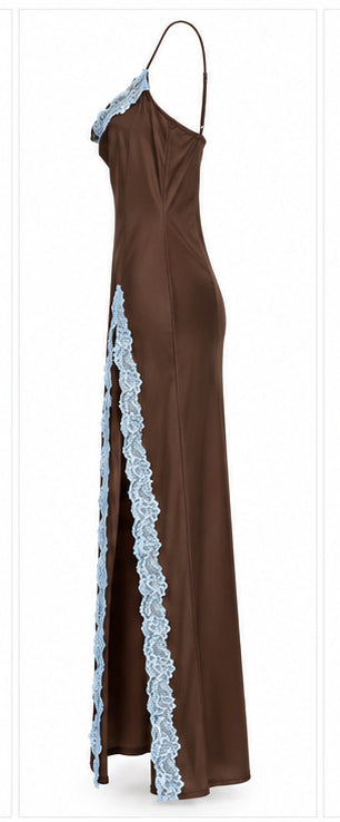 Women’s Chocolate Brown Satin Maxi Dress with Blue Lace