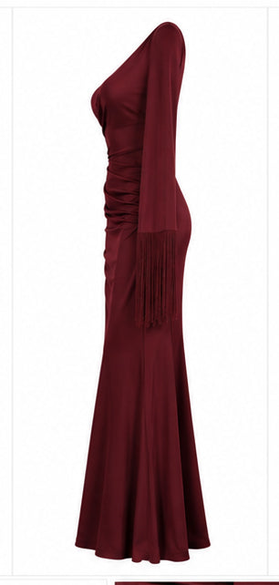 Burgundy One-Shoulder Maxi Dress with Fringe Sleeve