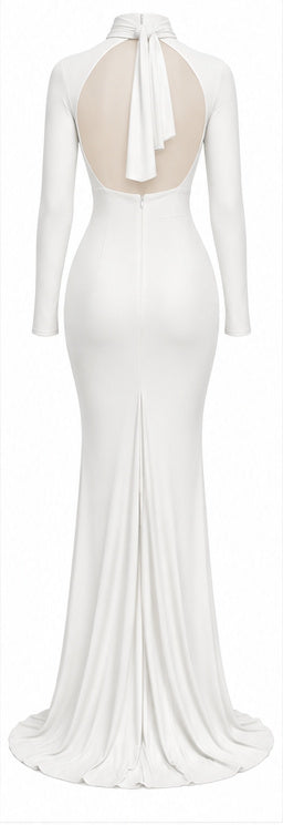 White Ruched Cut-Out Long Sleeve Maxi Dress