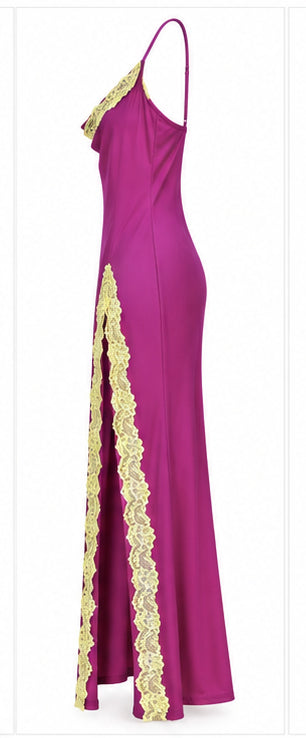 Women’s Fuchsia Satin Maxi Dress with Yellow Lace