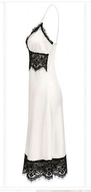Women’s Ivory Satin Mini Dress with Black Lace
