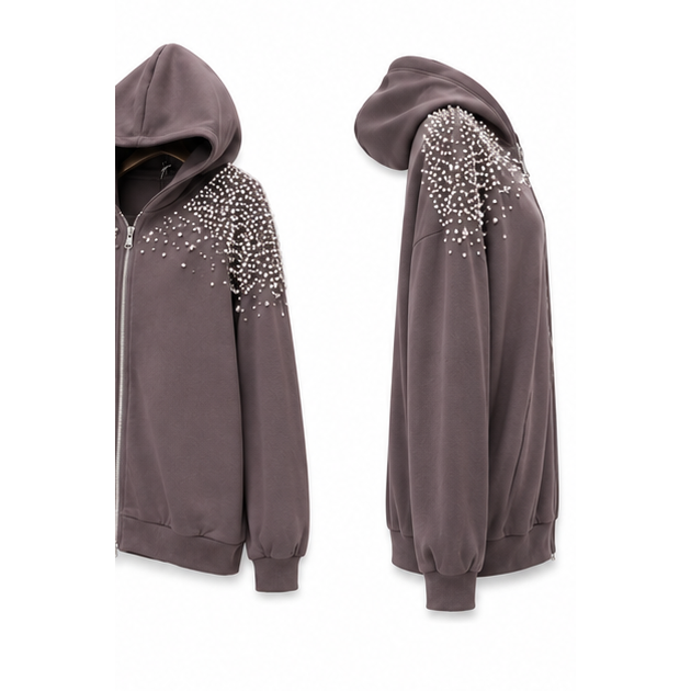 Mocha Rhinestone Embellished Zip-Up Hoodie