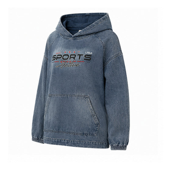 Women’s Oversized Blue Denim Hoodie with Sports Print