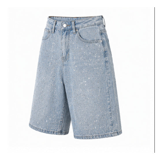 Light Blue Rhinestone Embellished Denim Bermuda Shorts