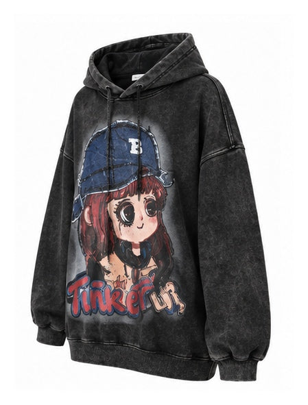 Washed Black Oversized Graphic Hoodie