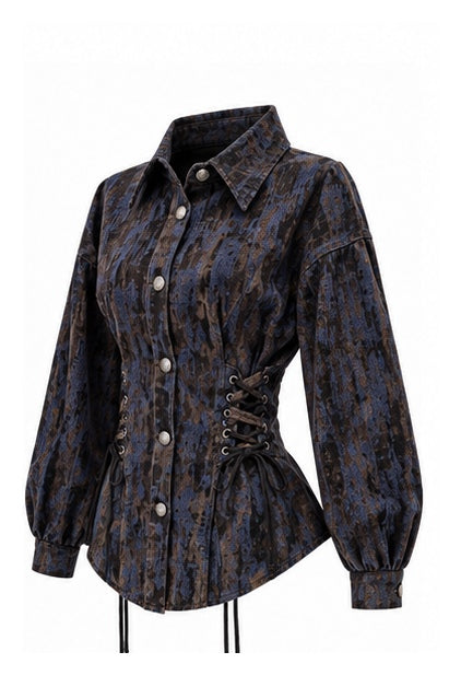 Women’s Printed Corset-Waist Shirt with Lace-Up Detail