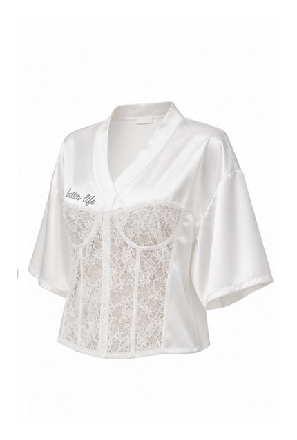 White Satin Lace Corset Top with Short Sleeves
