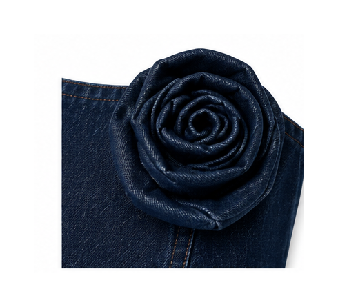 Women’s Dark Blue Denim Corset & Wrap Mini Skirt Set with Rose Detail