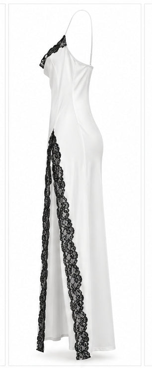 Women’s White Satin Maxi Dress with Black Lace