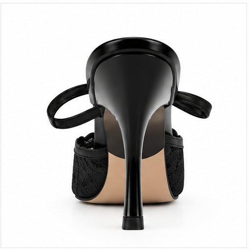 Women’s Black Lace High-Heel Mules with Bow & Gold Toe