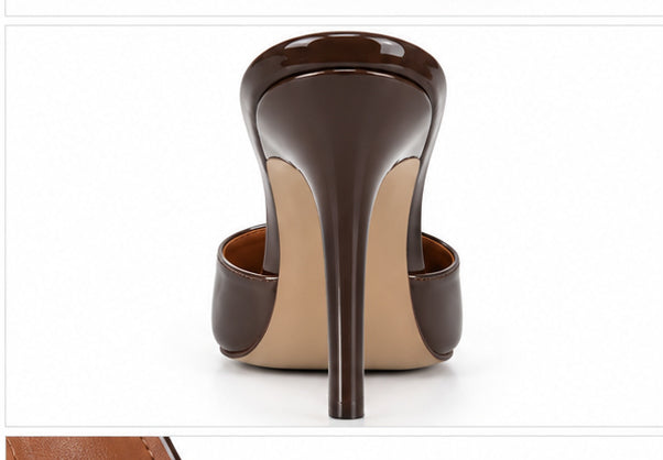 Women’s Chocolate Brown Patent High-Heel Mules with Peep Toe