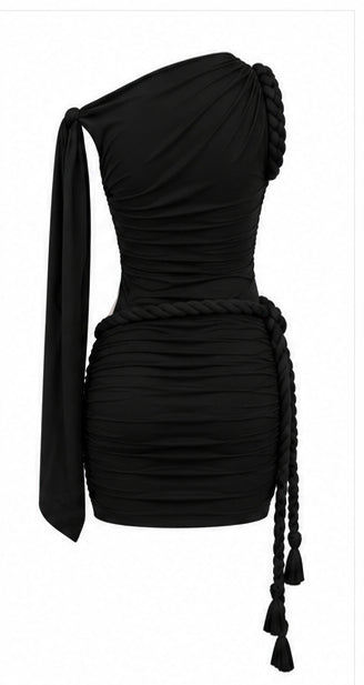 Women’s Black One-Shoulder Ruched Mini Dress with Cut-Out