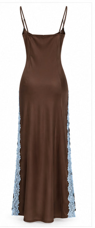 Women’s Chocolate Brown Satin Maxi Dress with Blue Lace
