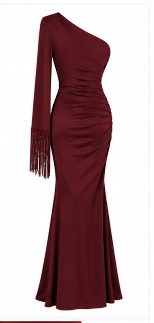 Burgundy One-Shoulder Maxi Dress with Fringe Sleeve