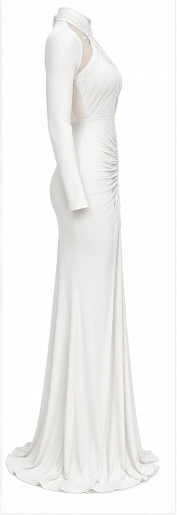 White Ruched Cut-Out Long Sleeve Maxi Dress