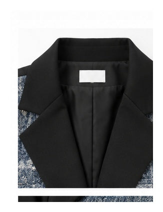 Denim & Black Tailored Blazer with Sequin Floral Embellishments