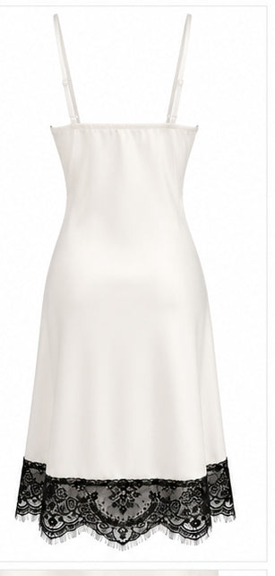 Women’s Ivory Satin Mini Dress with Black Lace