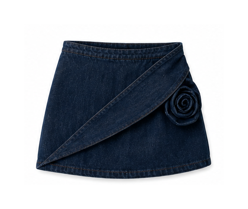 Women’s Dark Blue Denim Corset & Wrap Mini Skirt Set with Rose Detail