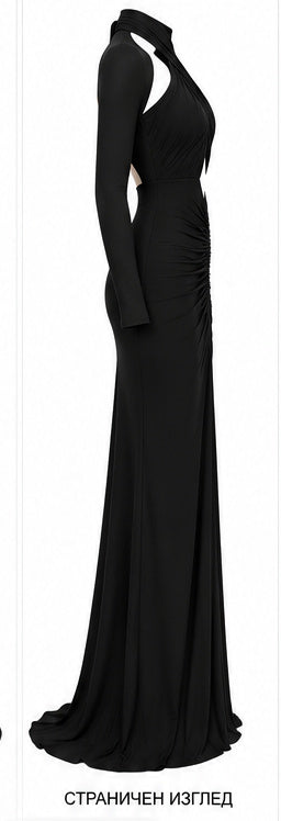 Black Ruched Cut-Out Long Sleeve Maxi Dress