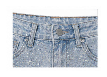 Light Blue Rhinestone Embellished Denim Bermuda Shorts