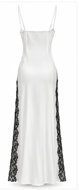 Women’s White Satin Maxi Dress with Black Lace