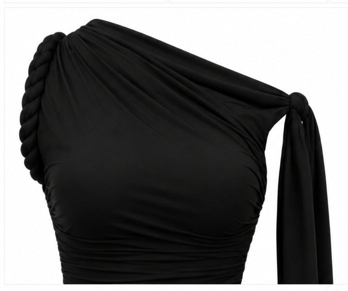 Women’s Black One-Shoulder Ruched Mini Dress with Cut-Out