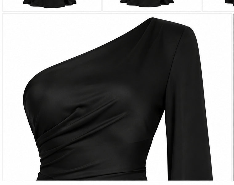 Women’s Black One-Shoulder Maxi Dress with Fringe Sleeve
