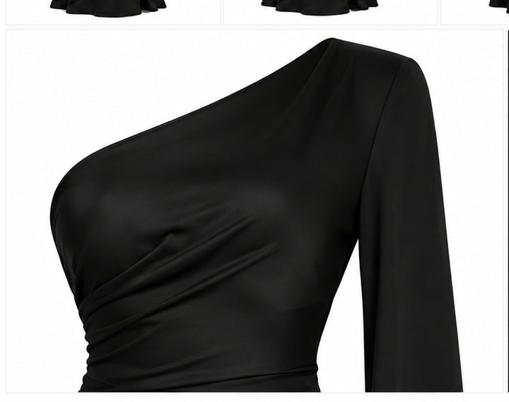 Women’s Black One-Shoulder Maxi Dress with Fringe Sleeve
