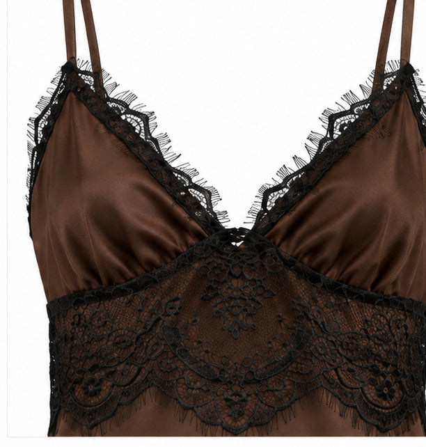 Women’s Chocolate Brown Satin Mini Dress with Black Lace