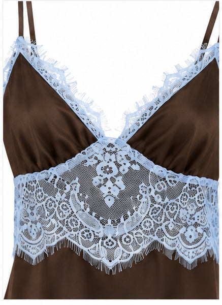 Women’s Chocolate Brown Satin Mini Dress with Blue Lace